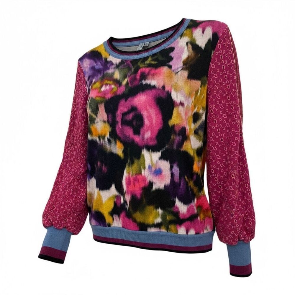 Blank London Floral Crewneck Sweater Size XS Eyelet Sleeves Pink